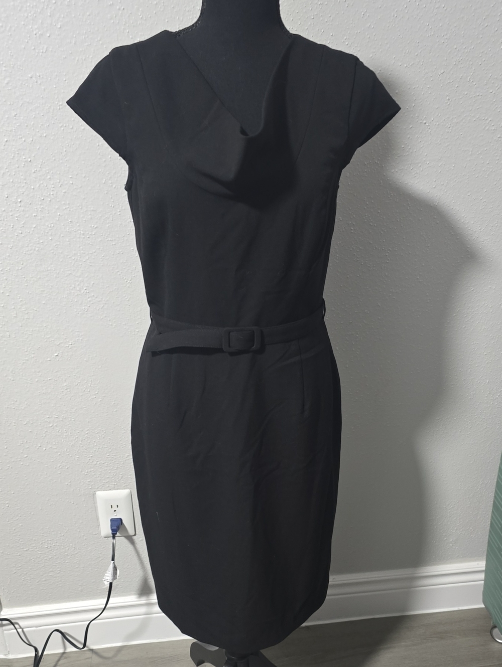 Calvin Klein Black Cap-Sleeve Sheath Dress with Belt